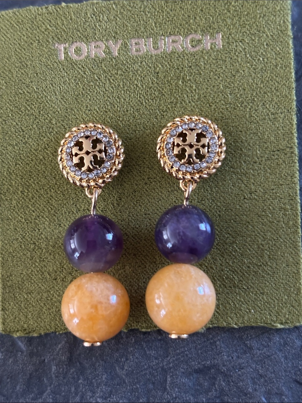 ⚜️Tory Burch Gold Earrings with Purple and Yellow Stone Drops⚜️